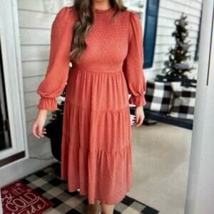 Anthropologie By The River Dot Swiss Smocked Tiered Midi Dress Olive Gre…